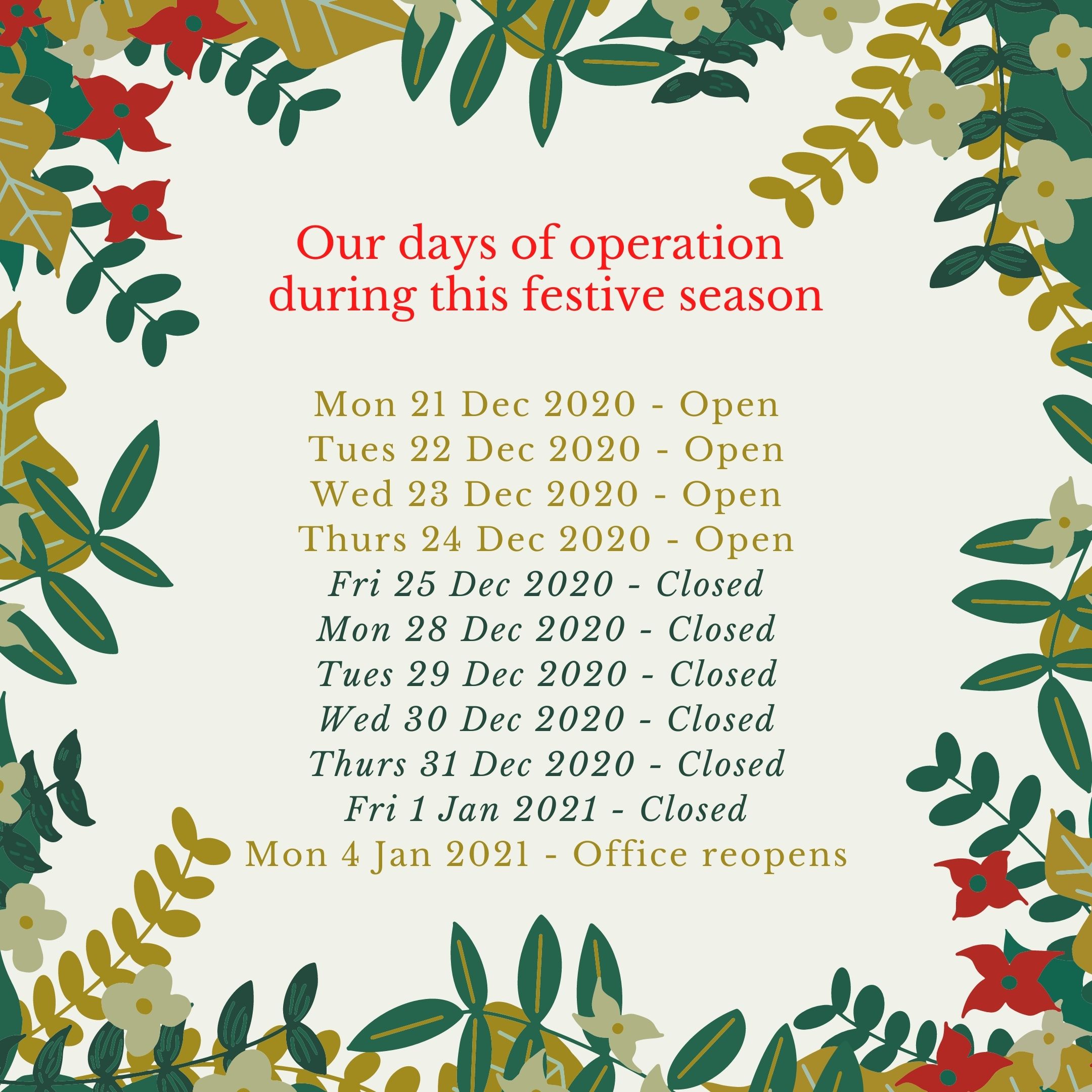 Safe Food festive season closure days of operation